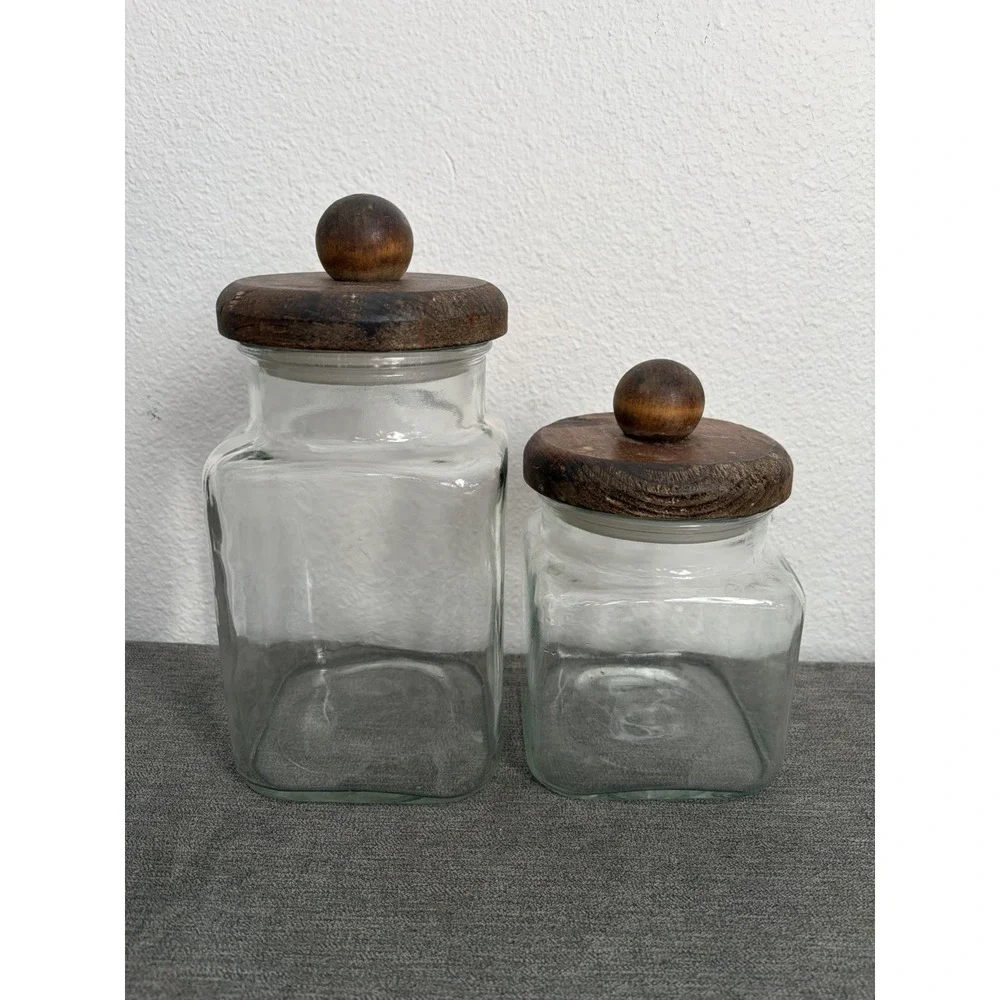 Vintage Anchor Hocking Clear Glass Canister Set Wood Lids Farmhouse Apothecary